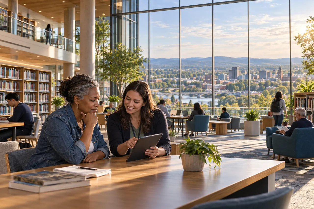 Concept illustration of people learning together in a light-filled public library overlooking an American community.