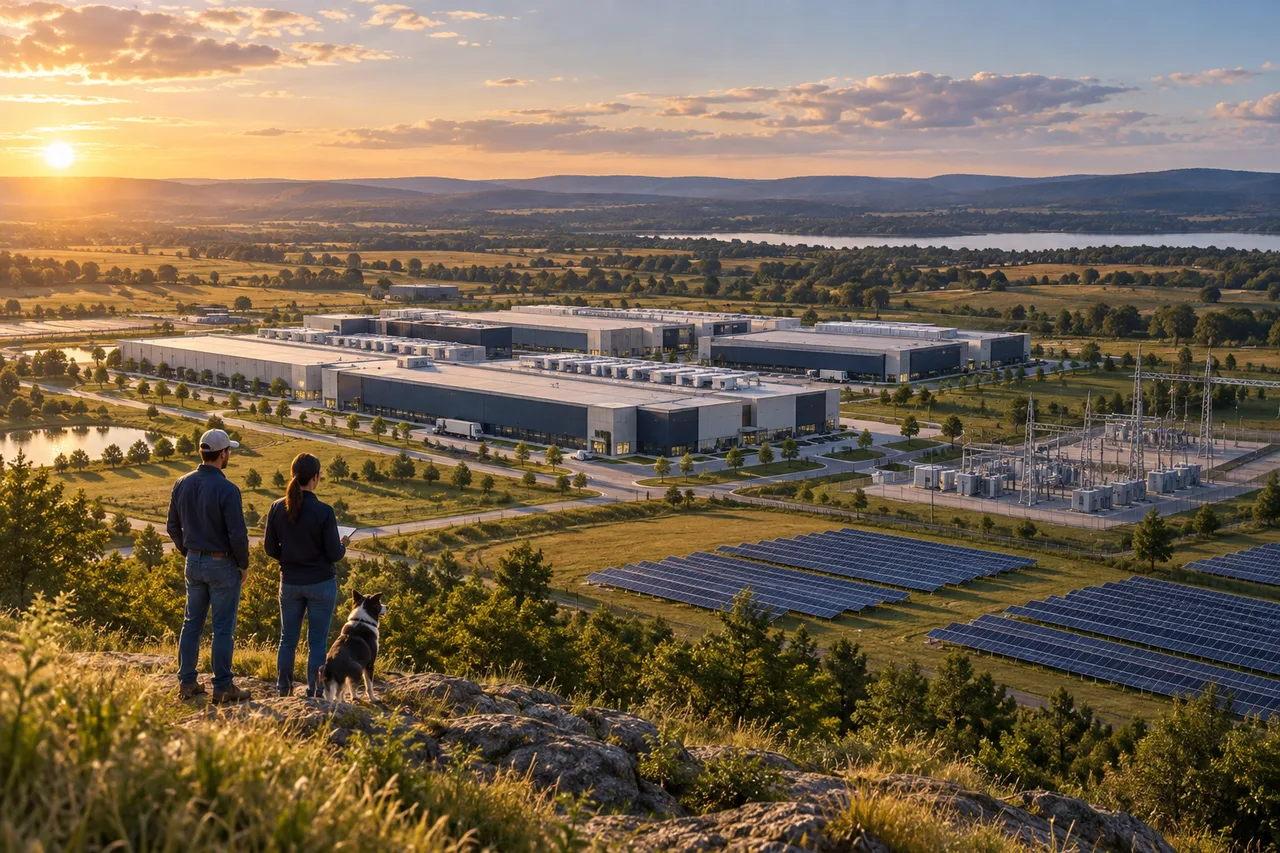 Concept illustration: A conceptual computing campus with solar panels, utility infrastructure and surrounding countryside.