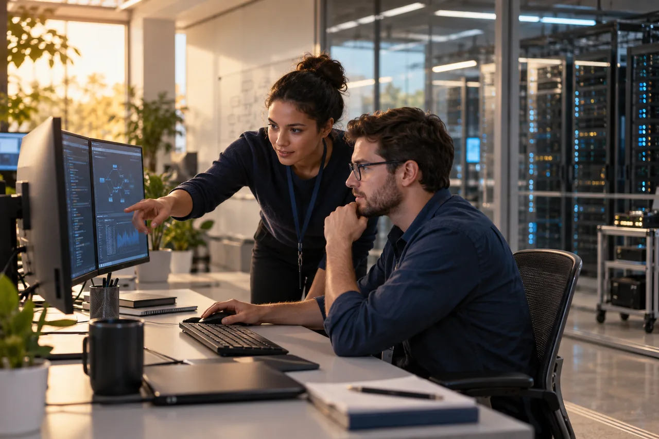 Concept illustration: Engineers collaborate at a workstation beside computing infrastructure.