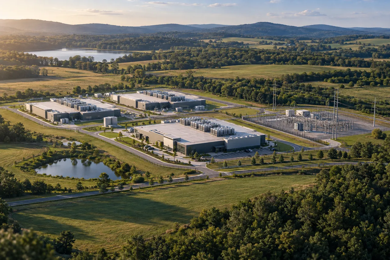 Concept illustration of a computing campus, utility infrastructure and surrounding American countryside.