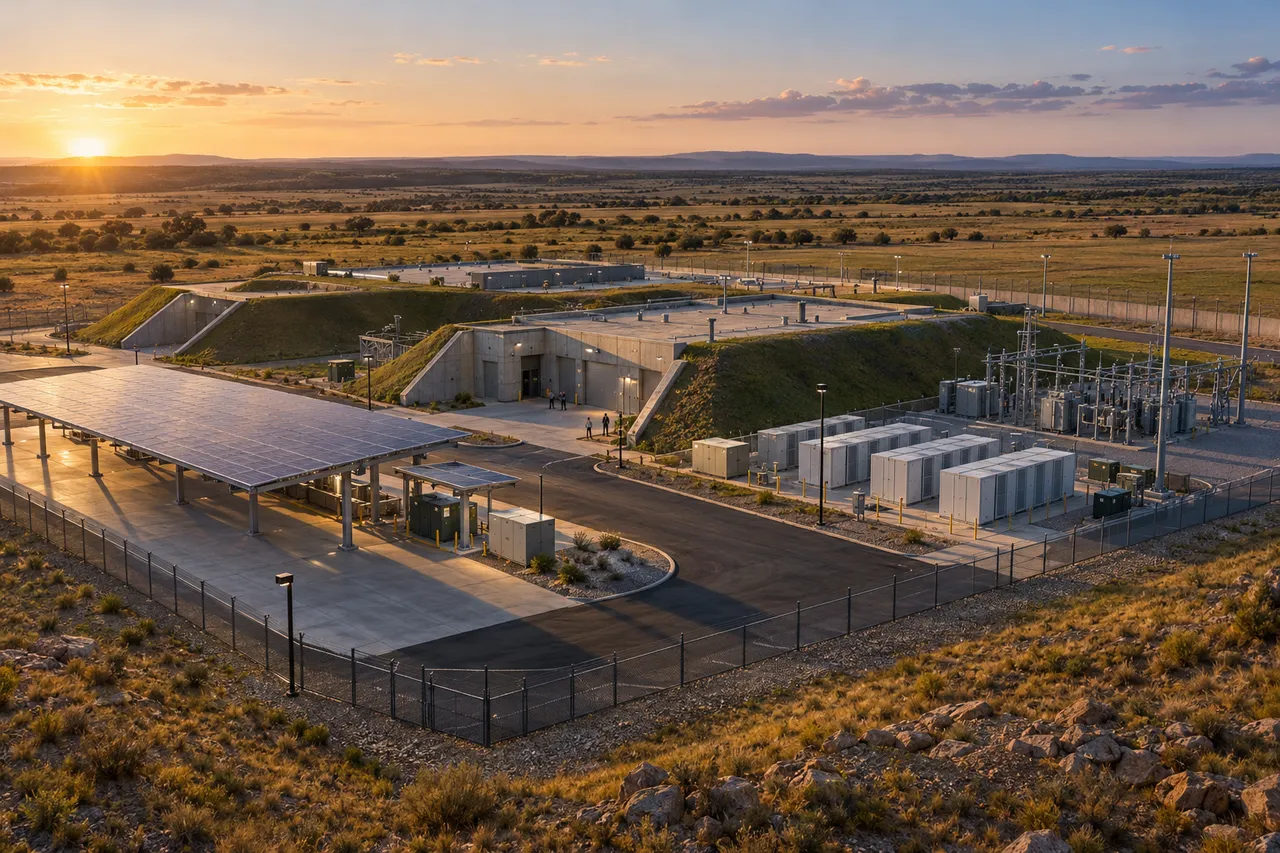 Concept illustration: A hardened, partly earth-bermed computing facility with a solar canopy, battery storage and a substation on a generic military installation at sunset.