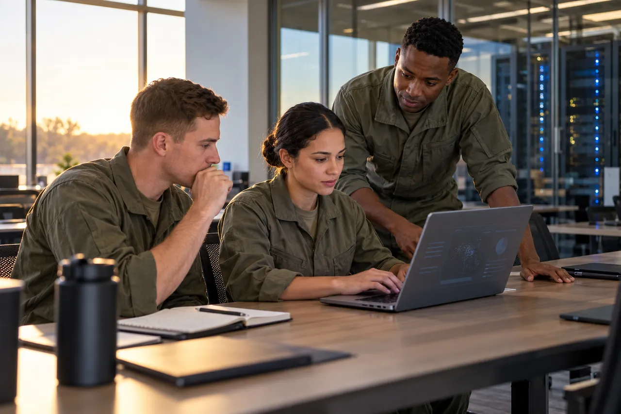 Concept illustration: Three service members in plain utility uniforms work at a laptop in a training room while an instructor helps, with server racks visible behind glass.