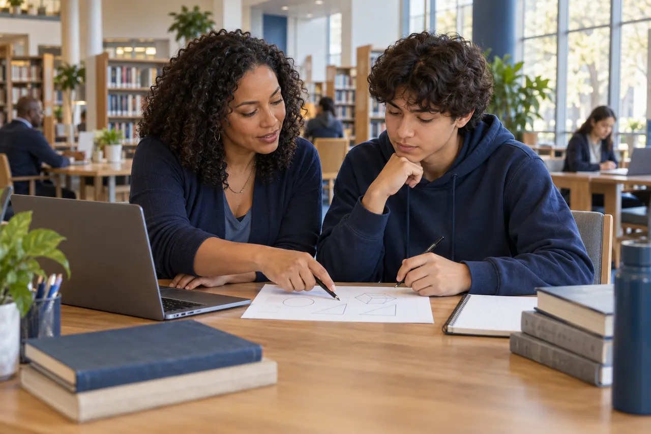 Concept illustration of an educator and a young learner working through an idea together in a library.