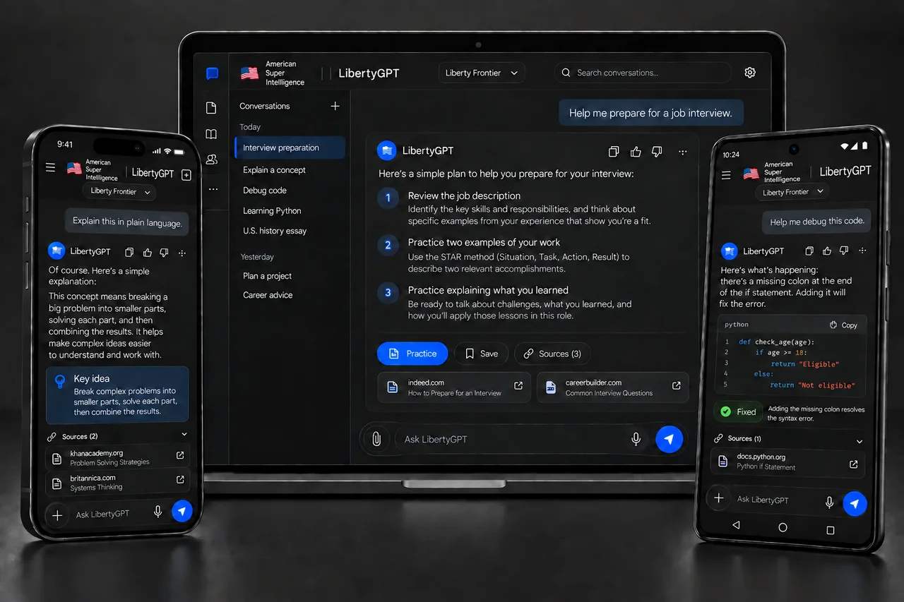 Polished concept rendering of LibertyGPT in dark mode across a desktop web interface, an iOS phone and an Android phone.