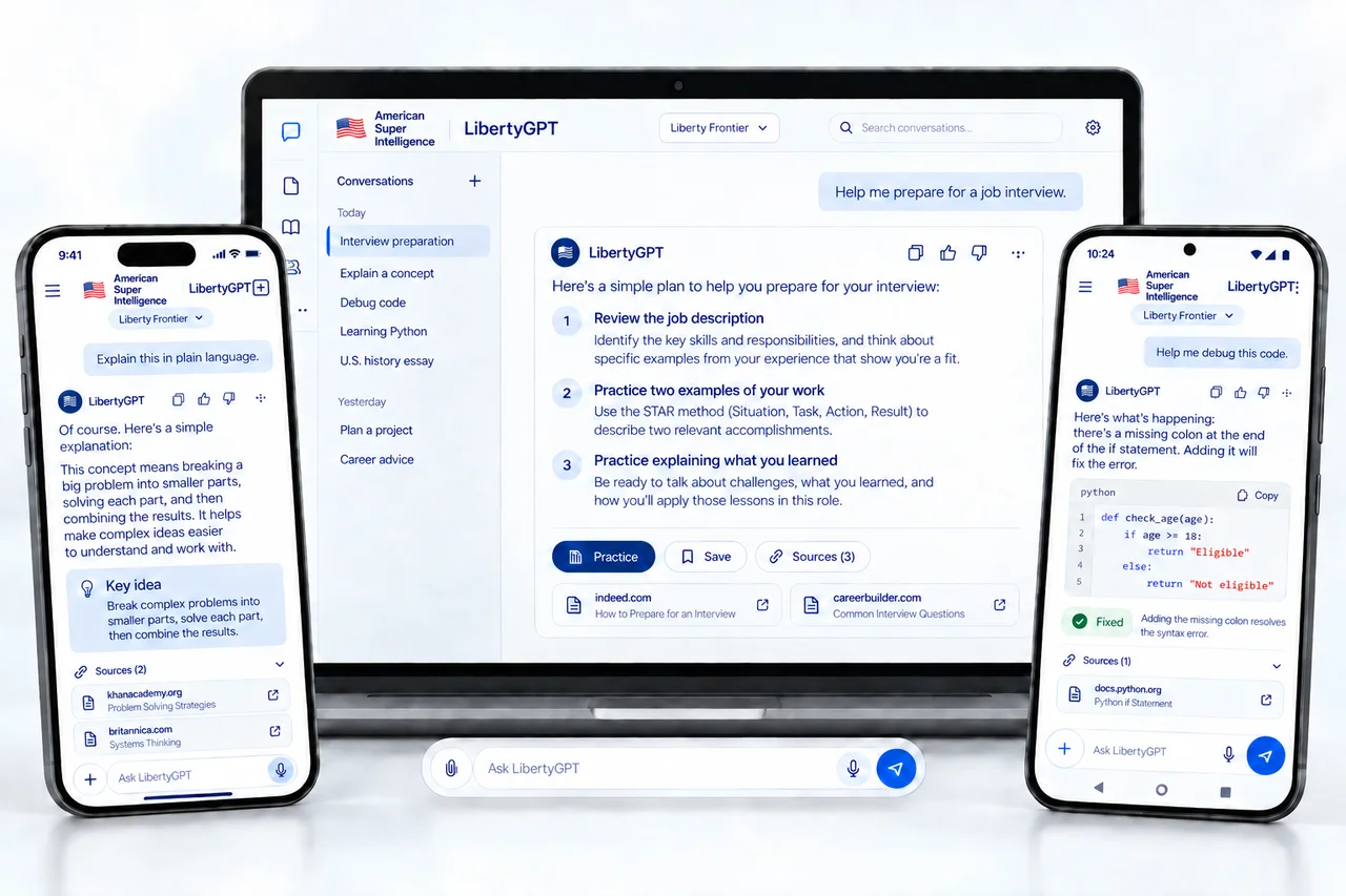 Polished concept rendering of LibertyGPT across a desktop web interface, an iOS phone and an Android phone.