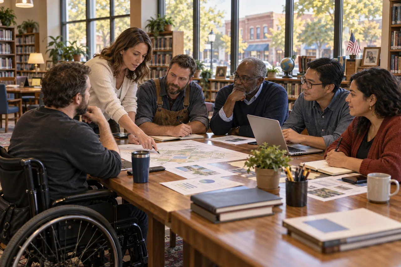 Concept illustration: Adult neighbors with different professional backgrounds work together around a library table, including a wheelchair user.